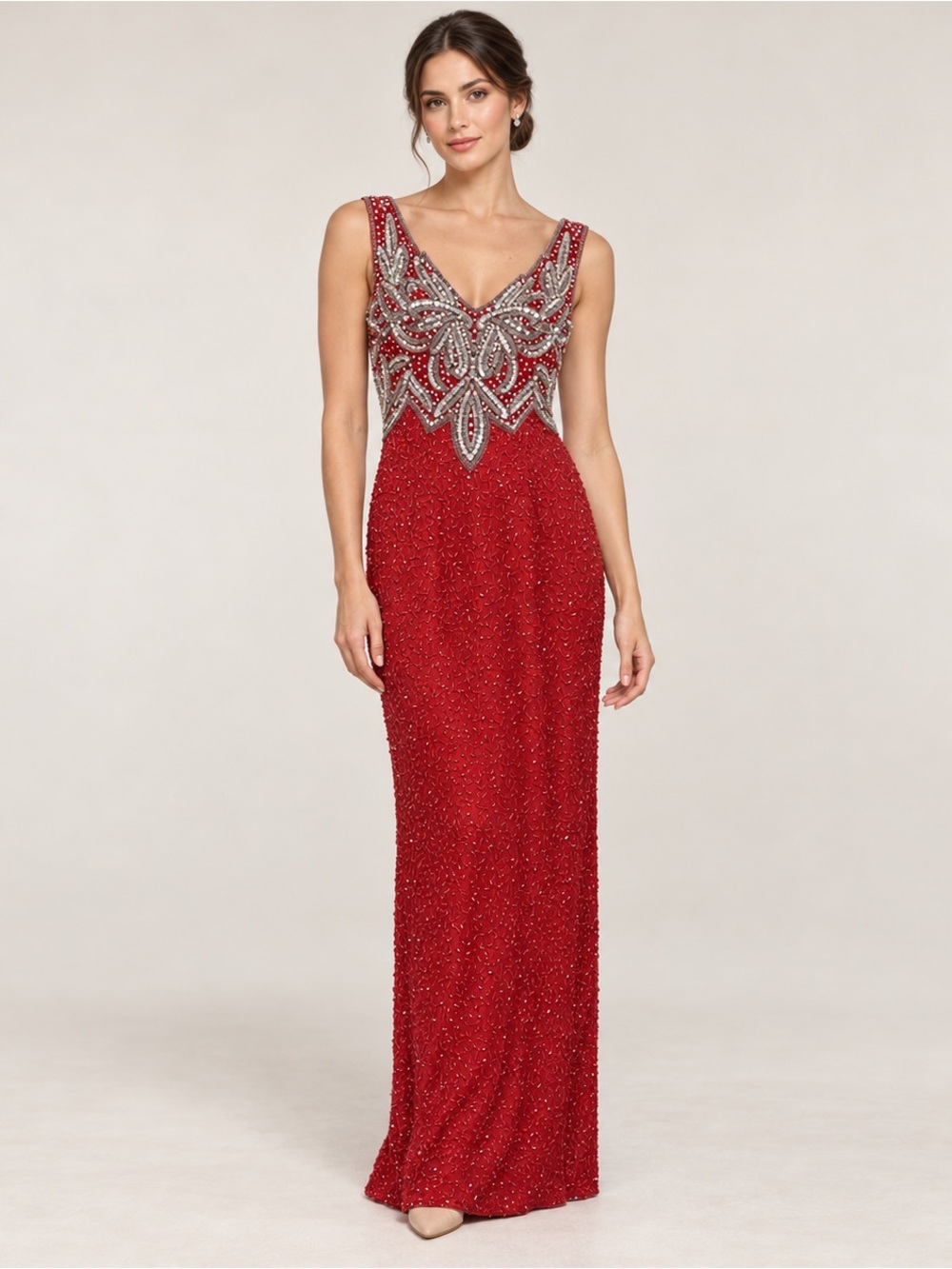 Lawrence Kazar Beaded Evening Gown Red Silver Vintage Size L Fits M